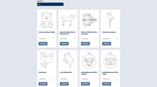 Screenshot von der Artikelübersicht der Kreativgalerie im Laserteile4you Online-Portal