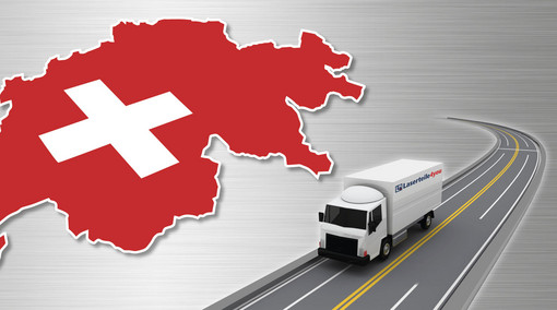 Umriss der Schweiz mit Flagge und fahrender Laserteile4you-LKW