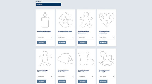 Screenshot von der Artikelübersicht der Kreativgalerie im Laserteile4you Online-Portal